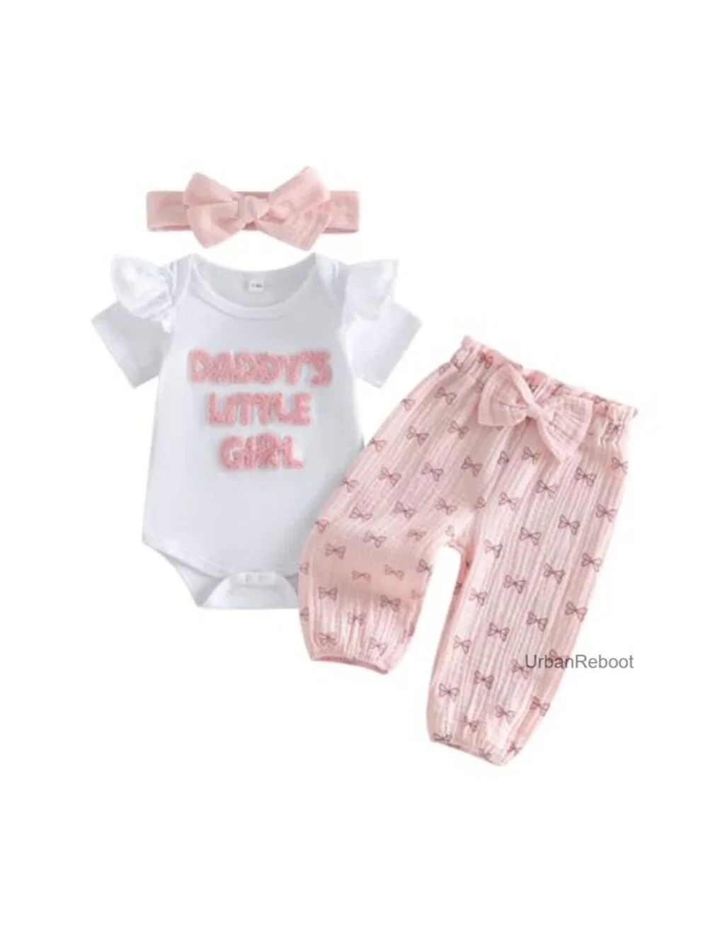 Baby Girl Romper Set Long Sleeve Embroidery Bow Pants Headband Cotton